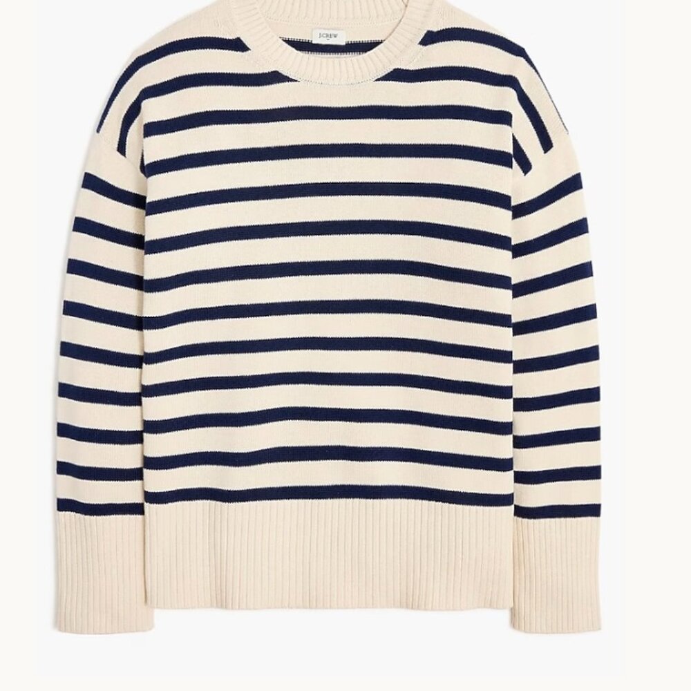 J. Crew Factory Cream and Navy Striped Crewneck Sweater